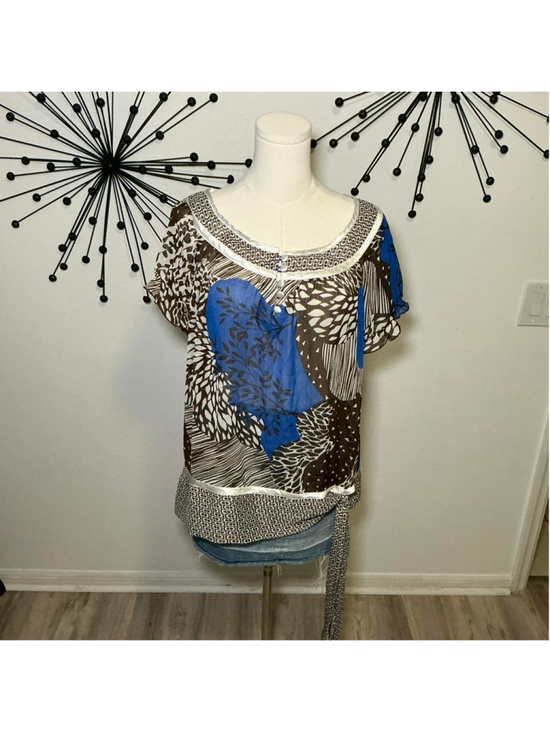 lane-bryant Tops - Lane Bryant 14/16 Sheer Printed Blouse Blue Brown Short Sleeve Top